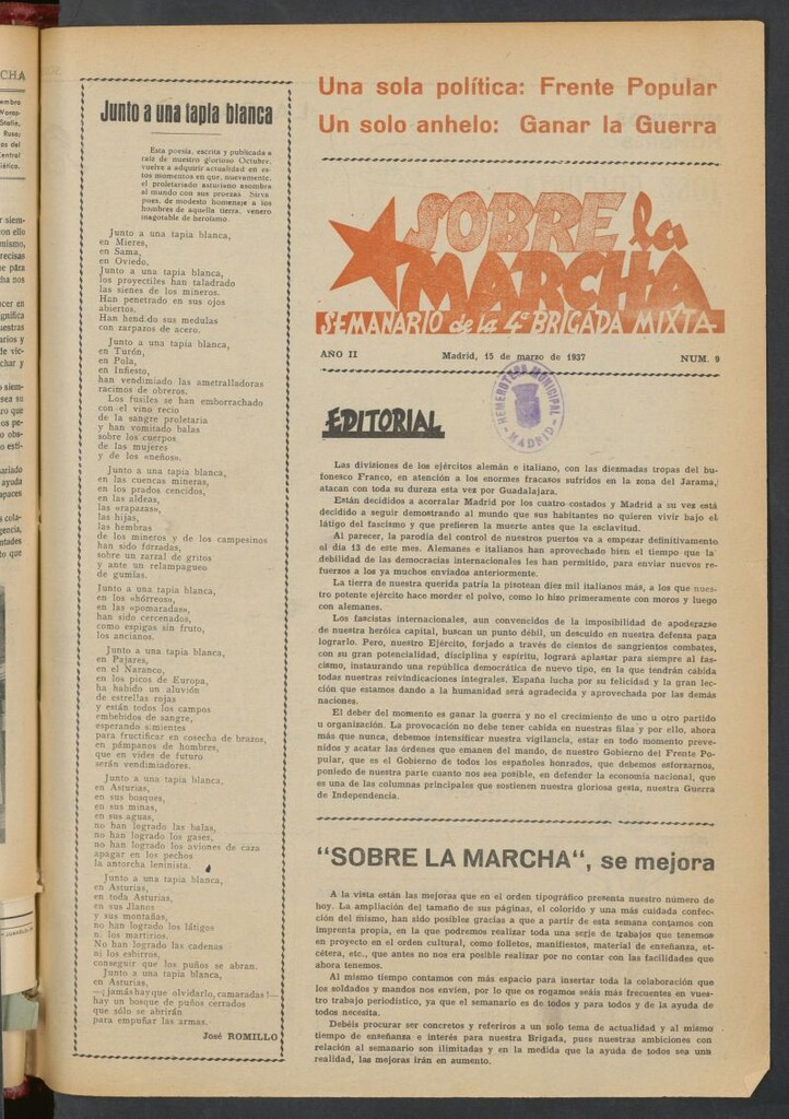 Miniatura de Sobre la marcha : semanario de la Columna Romero del 15 de marzo de 1937