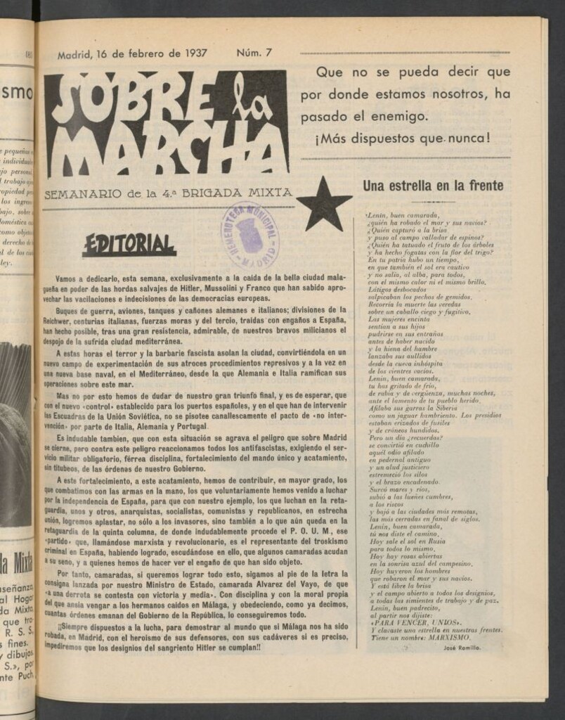 Miniatura de Sobre la marcha : semanario de la Columna Romero del 16 de febrero de 1937