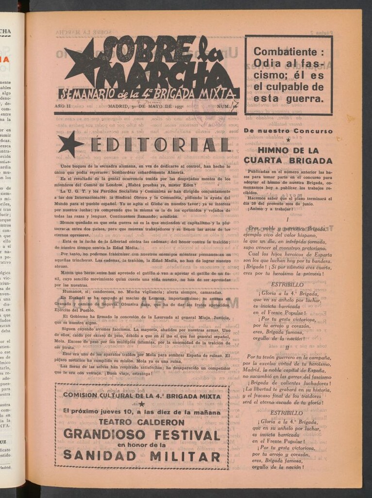 Miniatura de Sobre la marcha : semanario de la Columna Romero del 31 de mayo de 1937