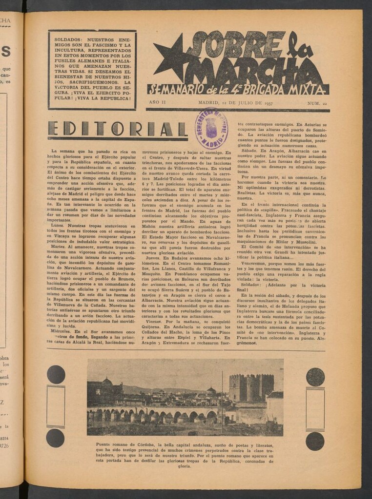 Miniatura de Sobre la marcha : semanario de la Columna Romero del 12 de julio de 1937