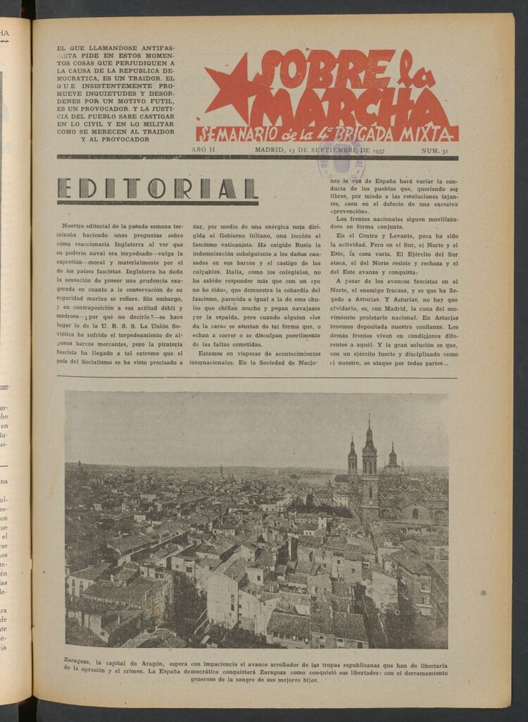 Miniatura de Sobre la marcha : semanario de la Columna Romero 13 de septiembre de 1937