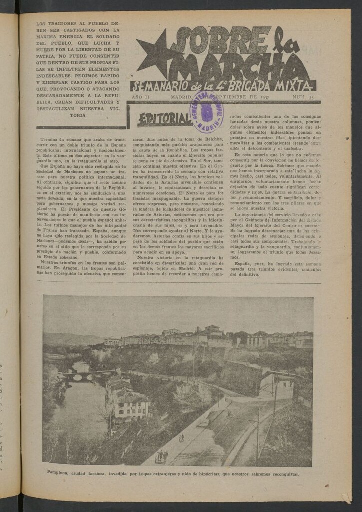 Miniatura de Sobre la marcha : semanario de la Columna Romero del 27 de septiembre de 1937
