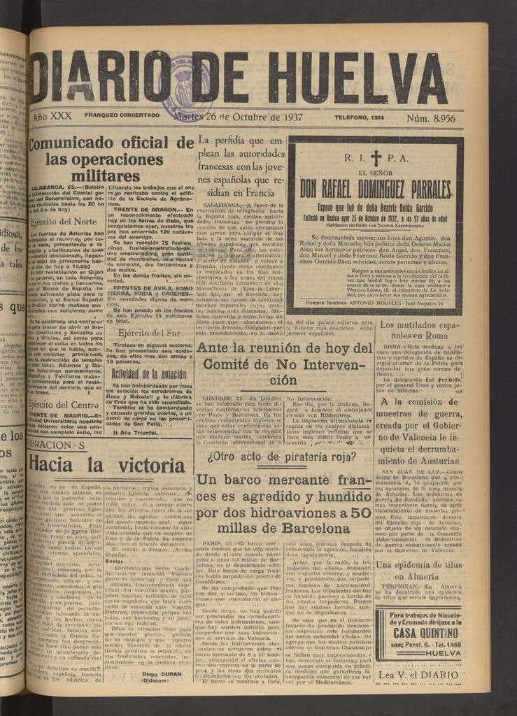 Miniatura de Diario de Huelva : periódico independiente del 26 de octubre de 1937