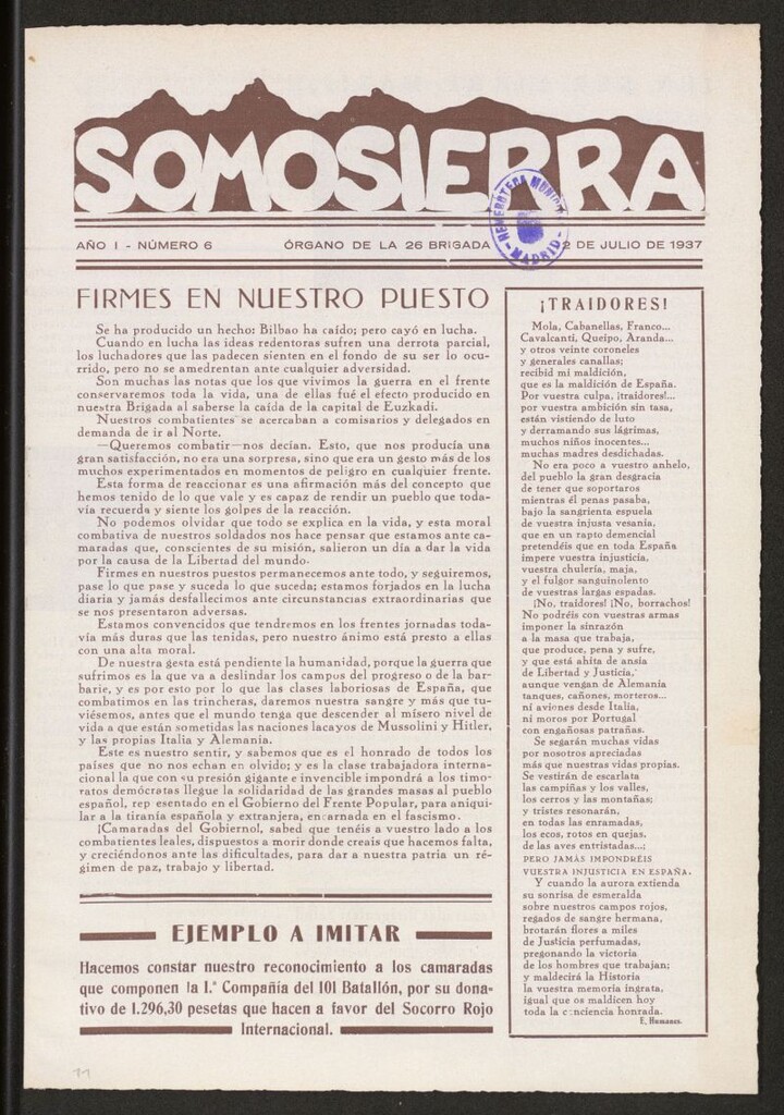 Miniatura de Somosierra : órgano de la 26 brigada del 2 de julio de 1937