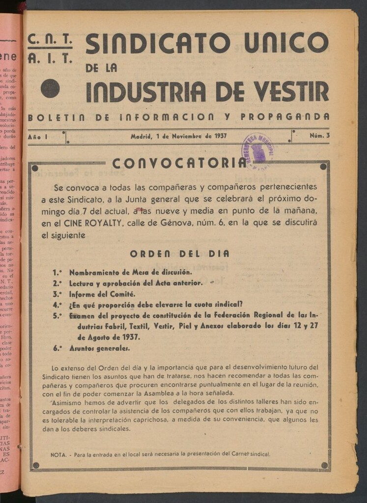 Miniatura de Sindicato Único de la Industria del Vestir : boletín de información y propaganda del 1 de noviembre de 1937