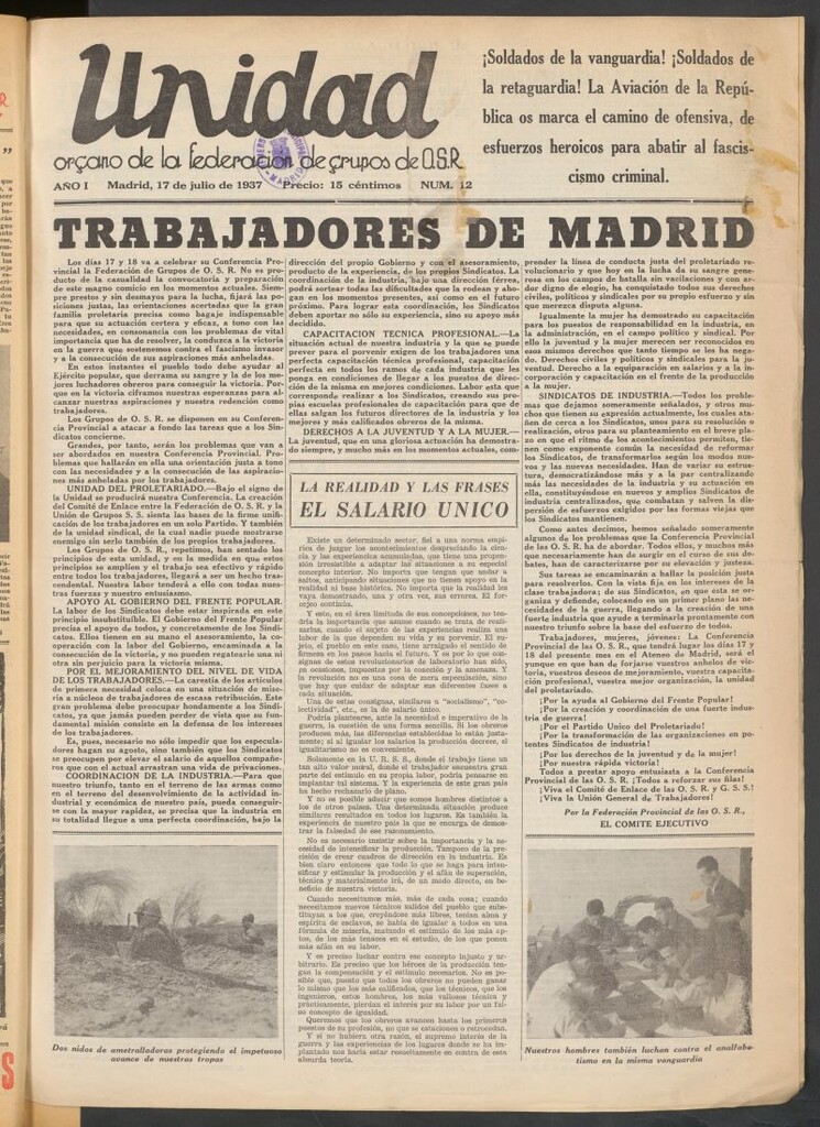 Miniatura de Unidad : órgano de la Federación de Grupos O.S.R. del 17 de julio de 1937