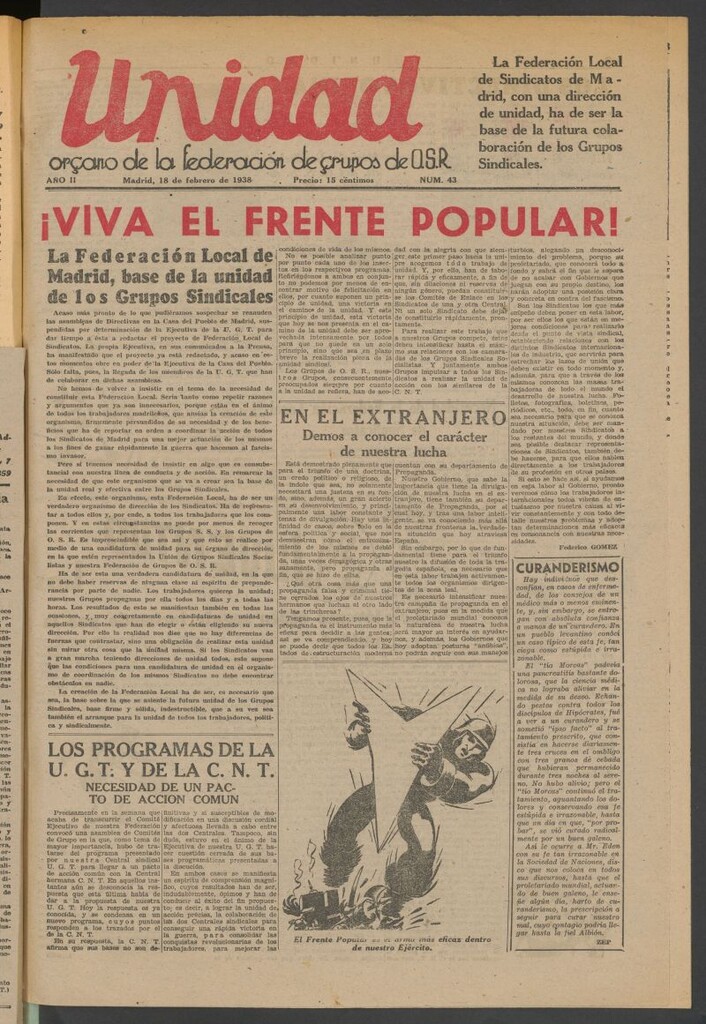 Miniatura de Unidad : órgano de la Federación de Grupos O.S.R. del 18 de febrero de 1938