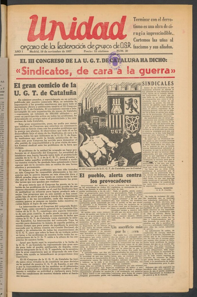 Miniatura de Unidad : órgano de la Federación de Grupos O.S.R. del 19 de noviembre de 1937