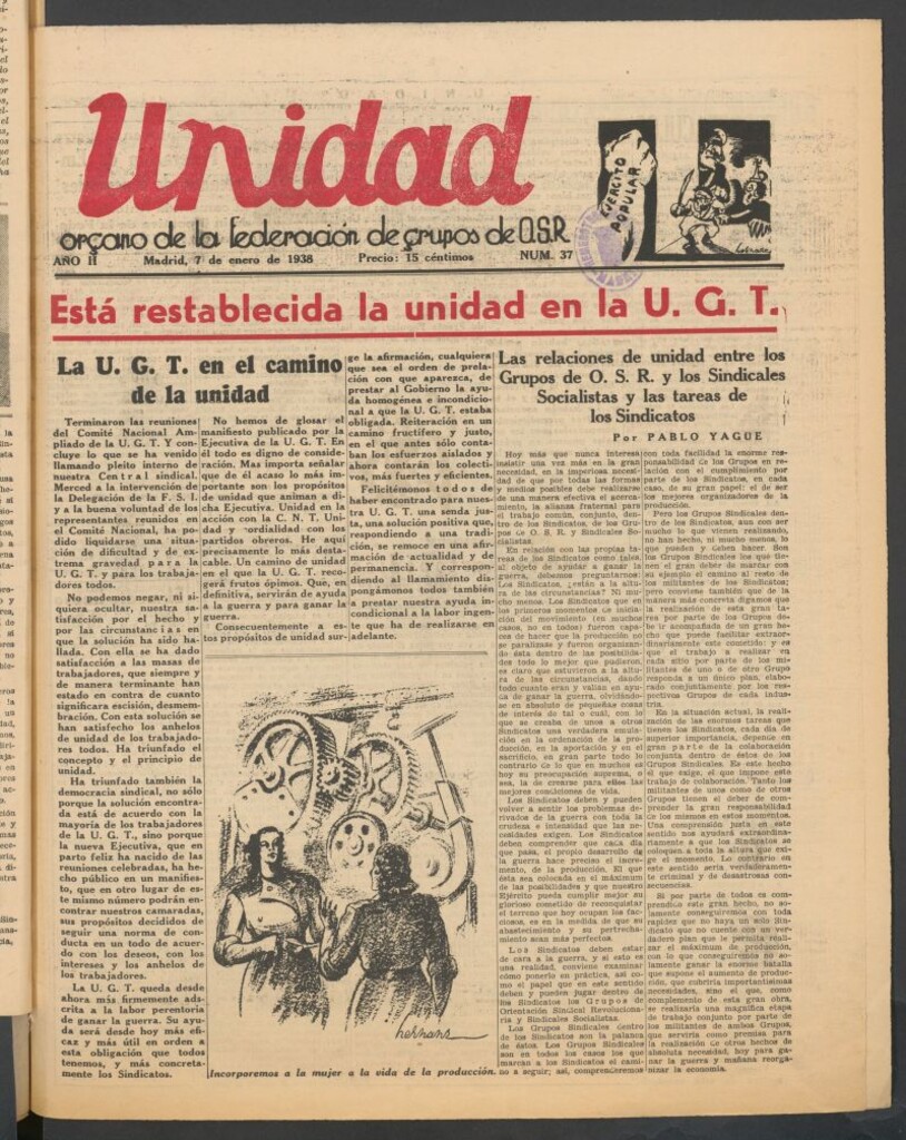 Miniatura de Unidad : órgano de la Federación de Grupos O.S.R. del 7 de enero de 1938