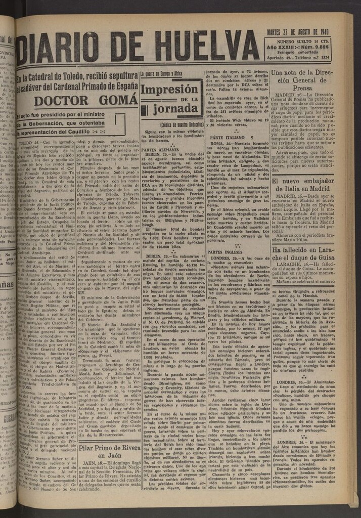Miniatura de Diario de Huelva : periódico independiente del 27 de agosto de 1940