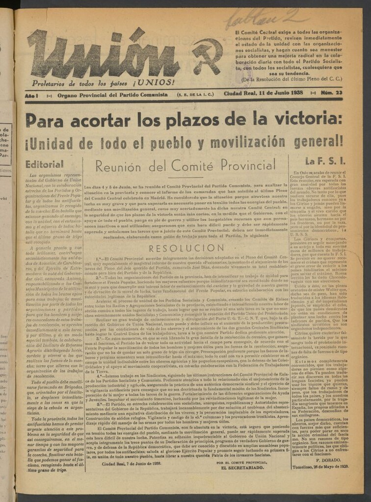 Miniatura de Unión : órgano provincial del Partido Comunista del 11 de junio de 1938