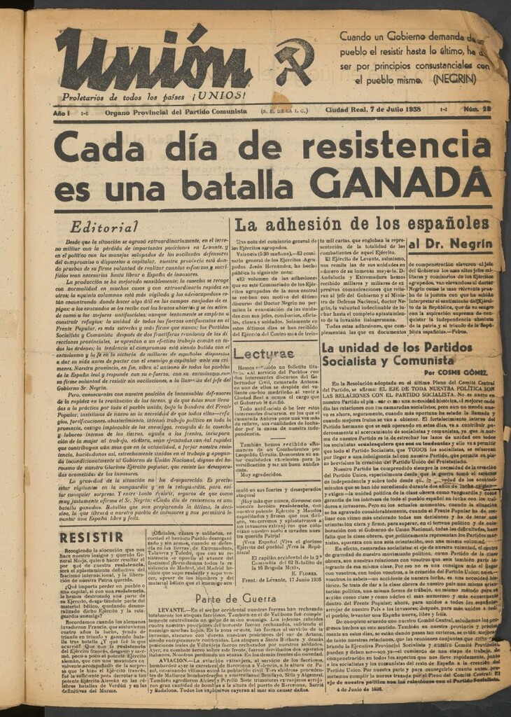 Miniatura de Unión : órgano provincial del Partido Comunista del 7 de julio de 1938