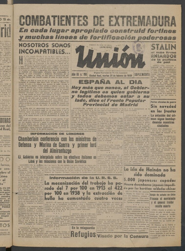 Miniatura de Unión : órgano provincial del Partido Comunista del 21 de febrero de 1939