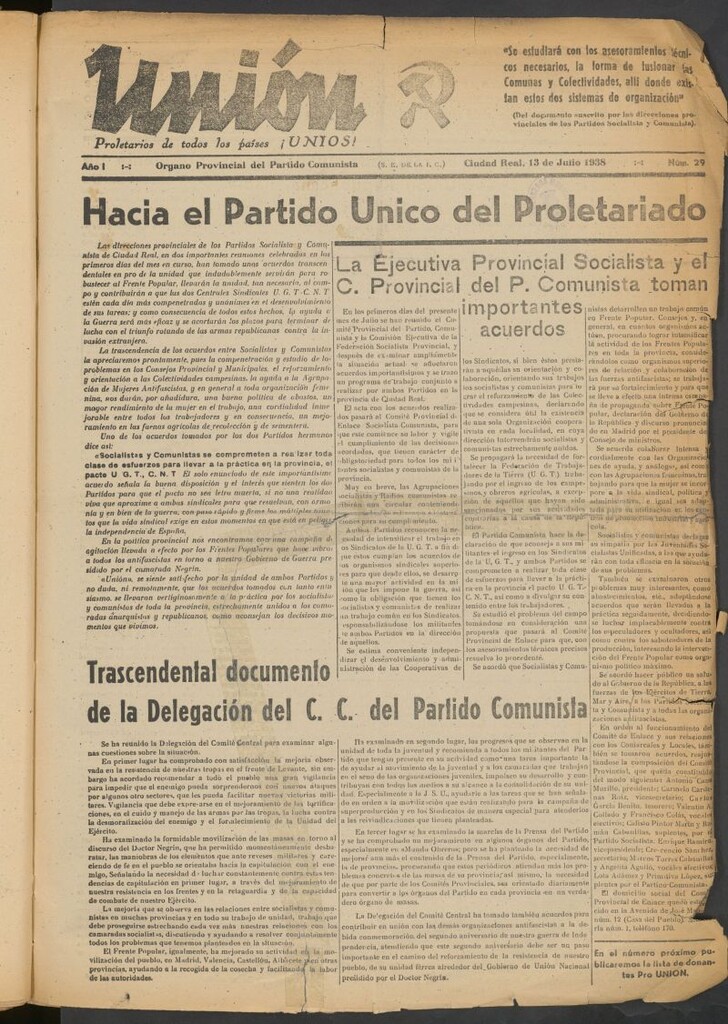 Miniatura de Unión : órgano provincial del Partido Comunista del 13 de julio de 1938