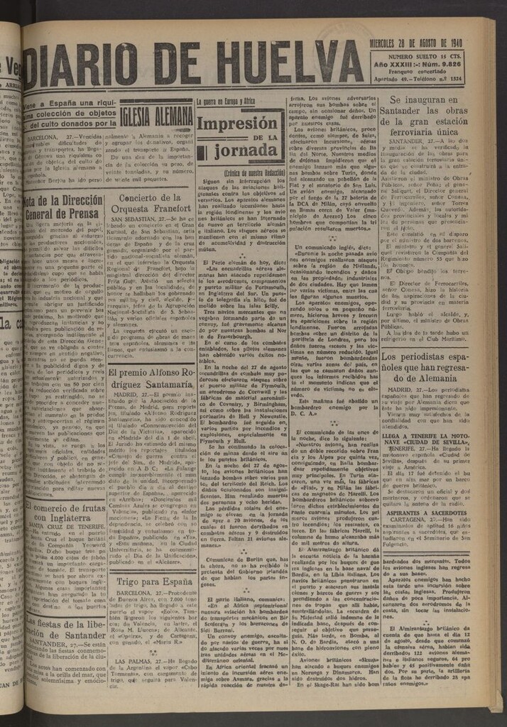 Miniatura de Diario de Huelva : periódico independiente del 28 de agosto de 1940