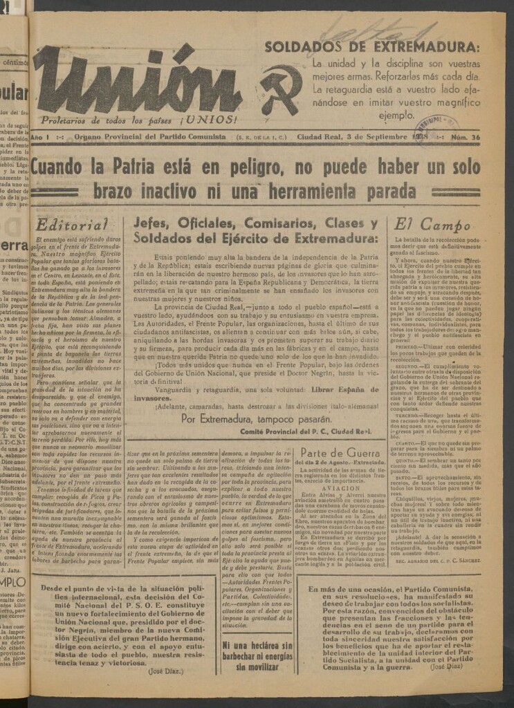 Miniatura de Unión : órgano provincial del Partido Comunista del 3 de septiembre de 1938