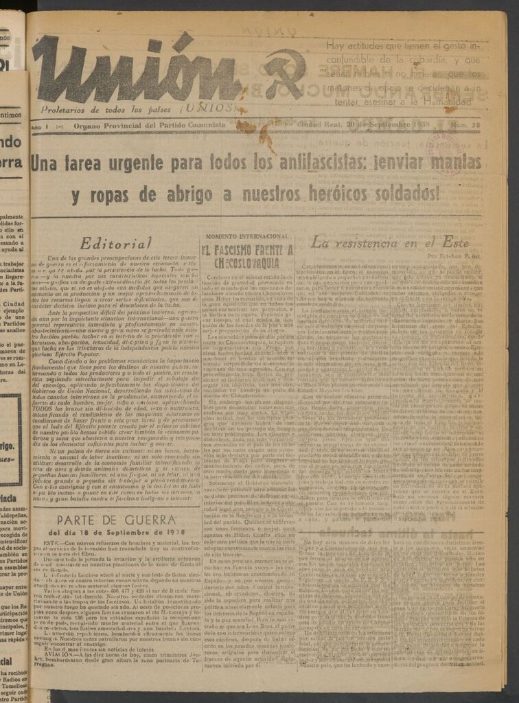 Miniatura de Unión : órgano provincial del Partido Comunista del 20 de septiembre de 1938