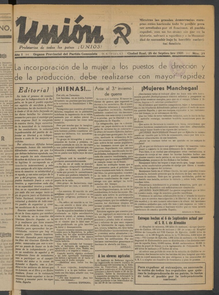 Miniatura de Unión : órgano provincial del Partido Comunista del 25 de septiembre de 1938