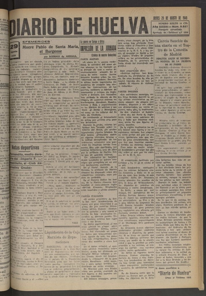 Miniatura de Diario de Huelva : periódico independiente del 29 de agosto de 1940