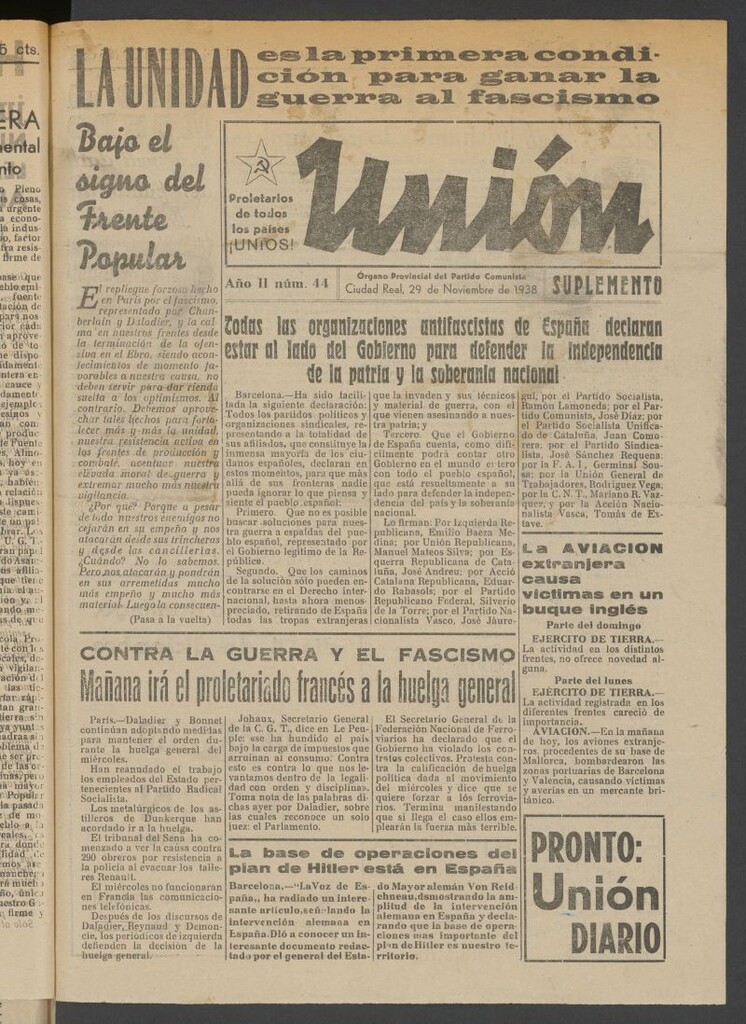Miniatura de Unión : órgano provincial del Partido Comunista del 29 de noviembre de 1938