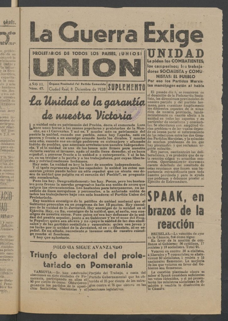 Miniatura de Unión : órgano provincial del Partido Comunista del 8 de diciembre de 1938