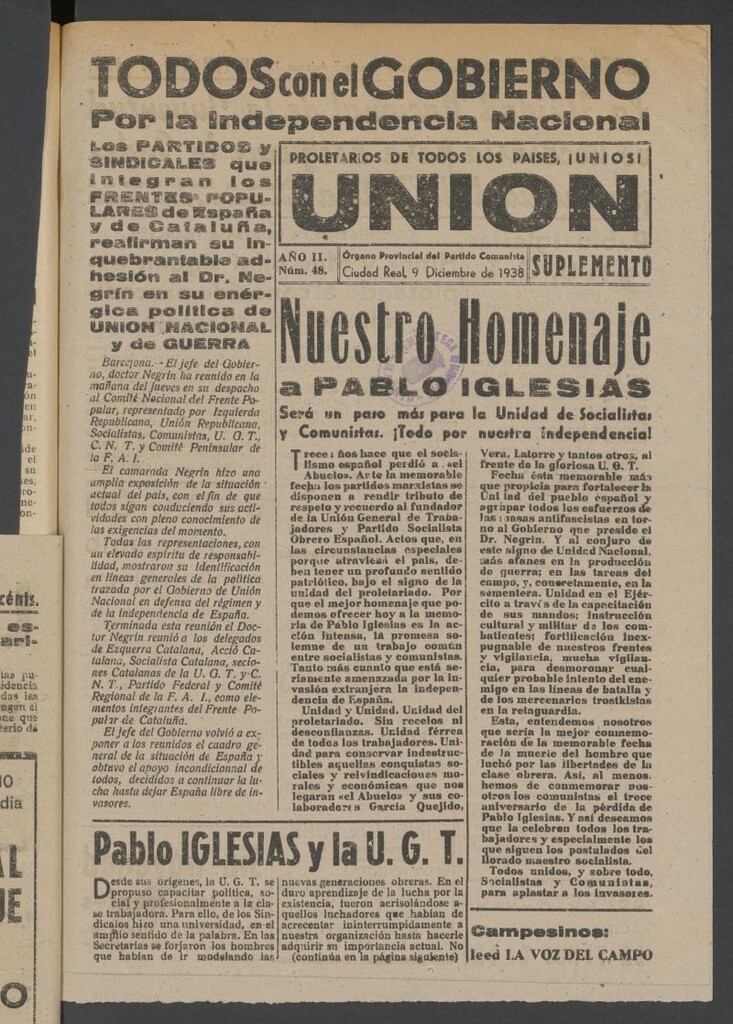 Miniatura de Unión : órgano provincial del Partido Comunista del 9 de diciembre de 1938