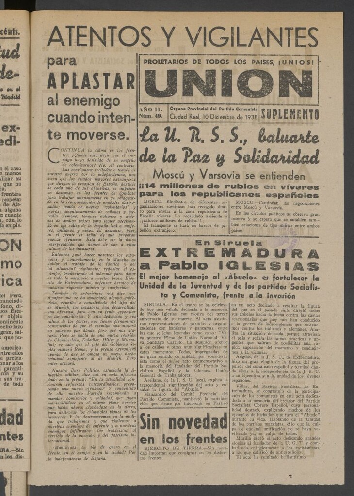 Miniatura de Unión : órgano provincial del Partido Comunista del 10 de diciembre de 1938