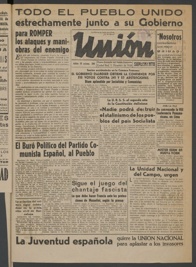 Miniatura de Unión : órgano provincial del Partido Comunista del 11 de diciembre de 1938