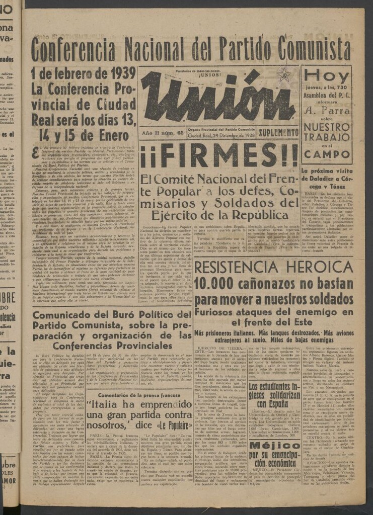 Miniatura de Unión : órgano provincial del Partido Comunista del 29 de diciembre de 1938