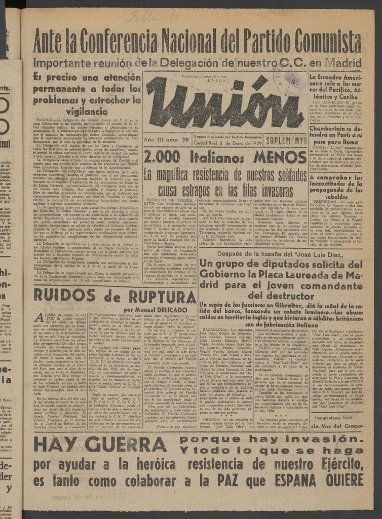 Miniatura de Unión : órgano provincial del Partido Comunista del 5 de enero de 1939