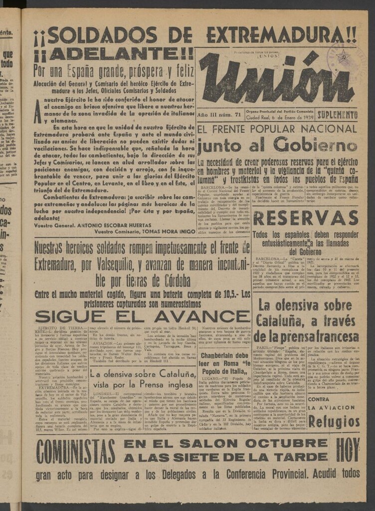 Miniatura de Unión : órgano provincial del Partido Comunista del 6 de enero de 1939