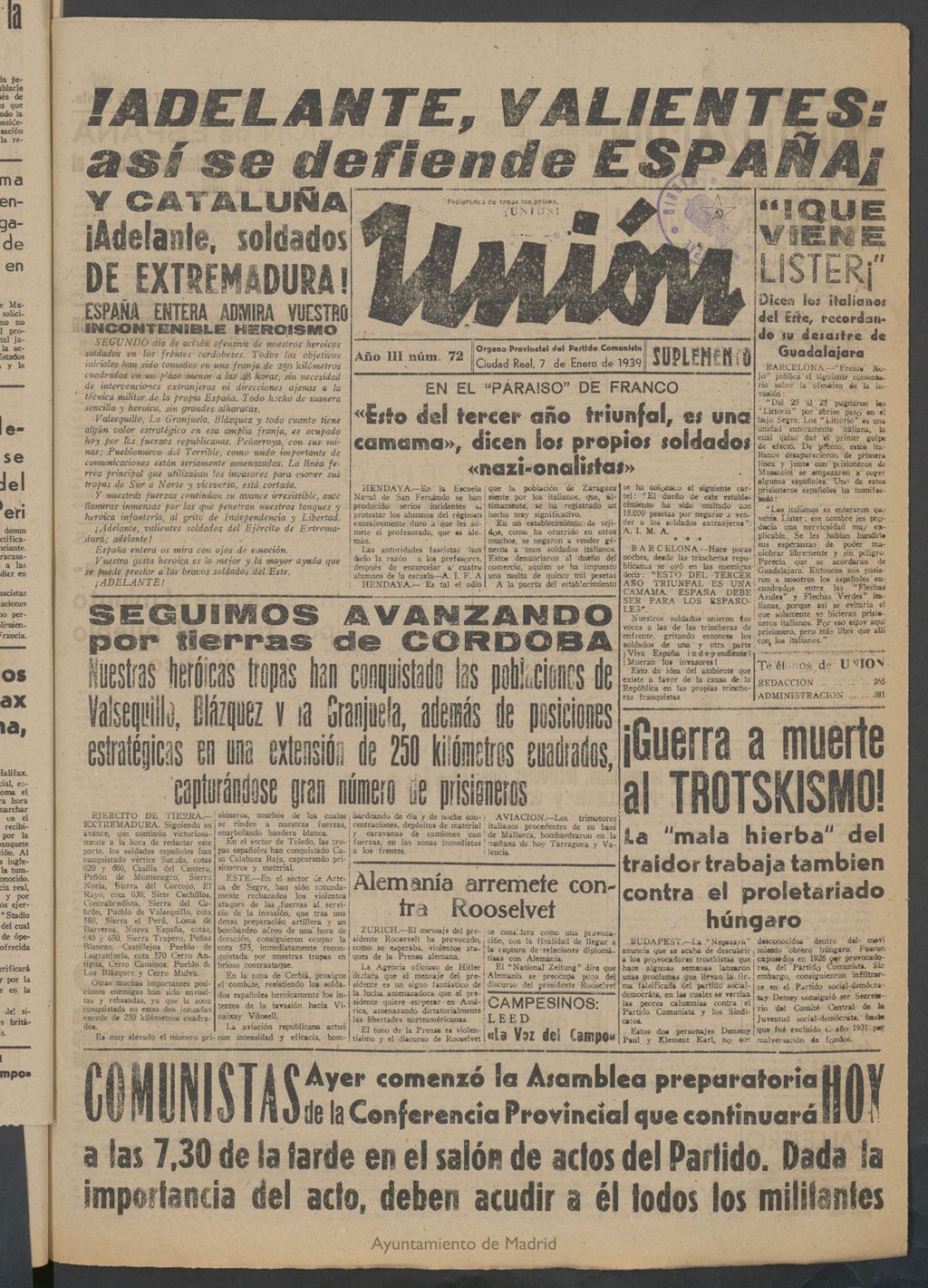 Miniatura de Unión : órgano provincial del Partido Comunista del 7 de enero de 1939