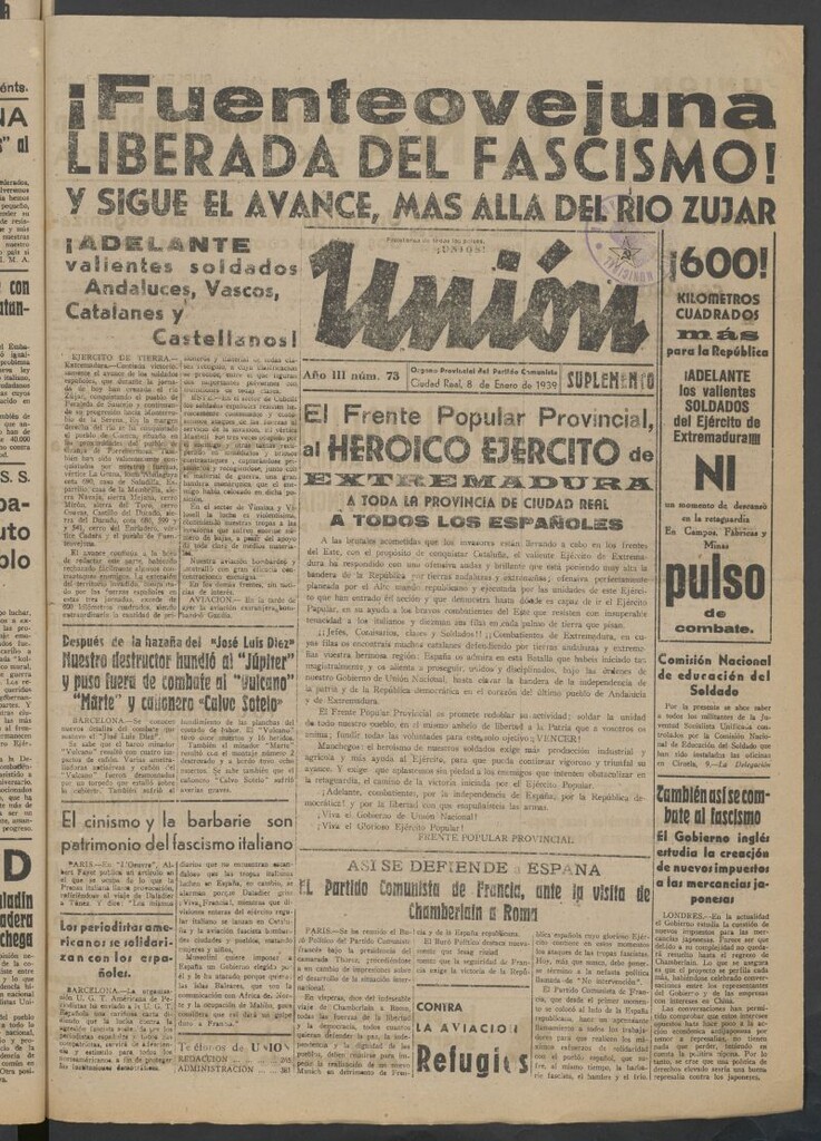 Miniatura de Unión : órgano provincial del Partido Comunista del 8 de enero de 1939