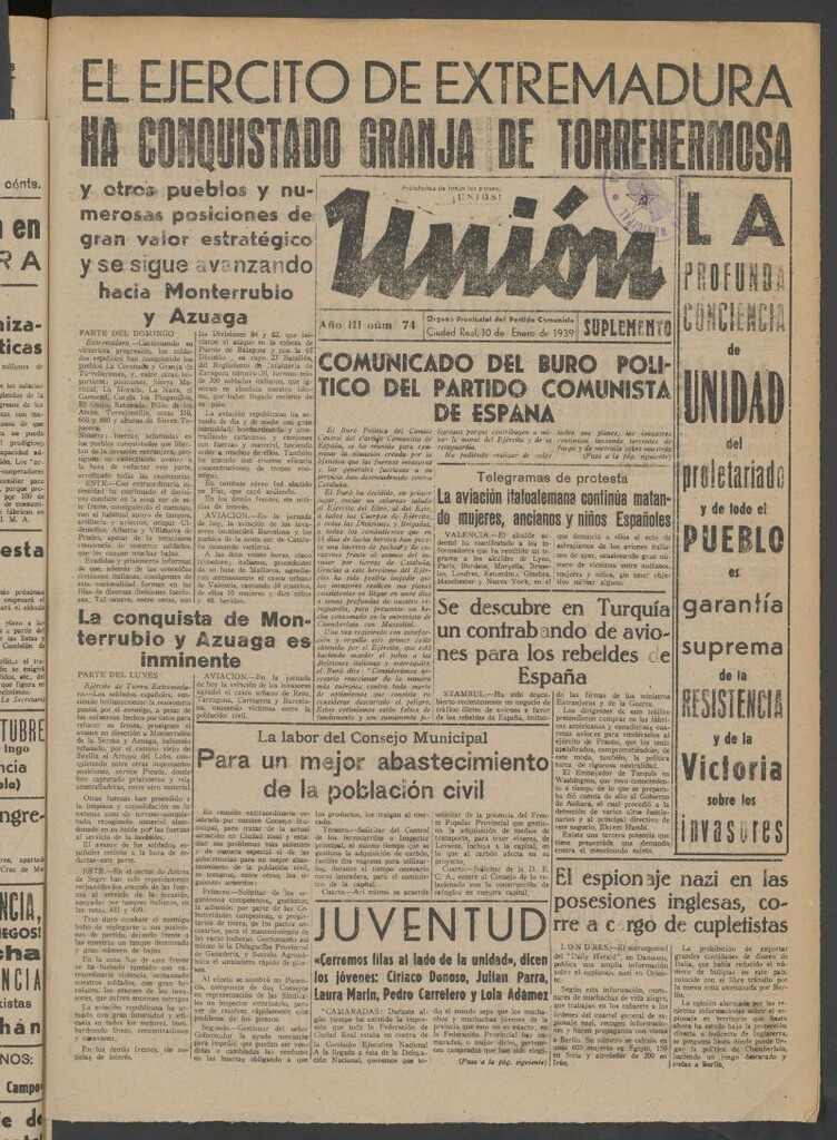 Miniatura de Unión : órgano provincial del Partido Comunista del 10 de enero de 1939