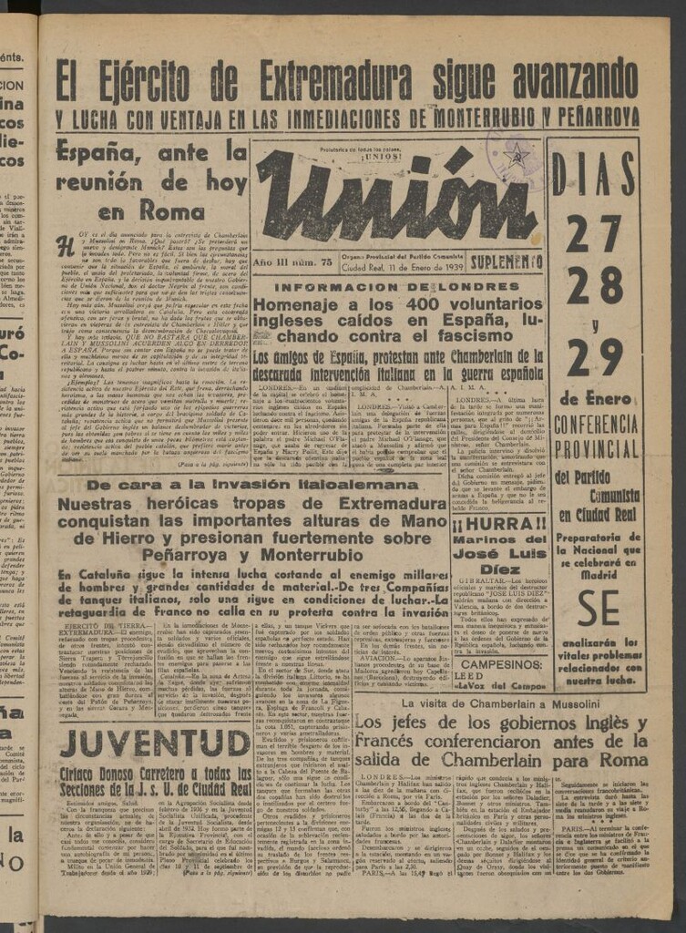 Miniatura de Unión : órgano provincial del Partido Comunista del 11 de enero de 1939