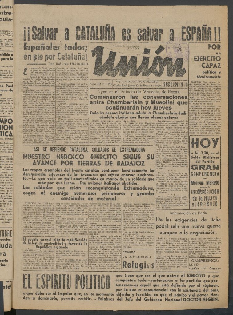 Miniatura de Unión : órgano provincial del Partido Comunista del 12 de enero de 1939