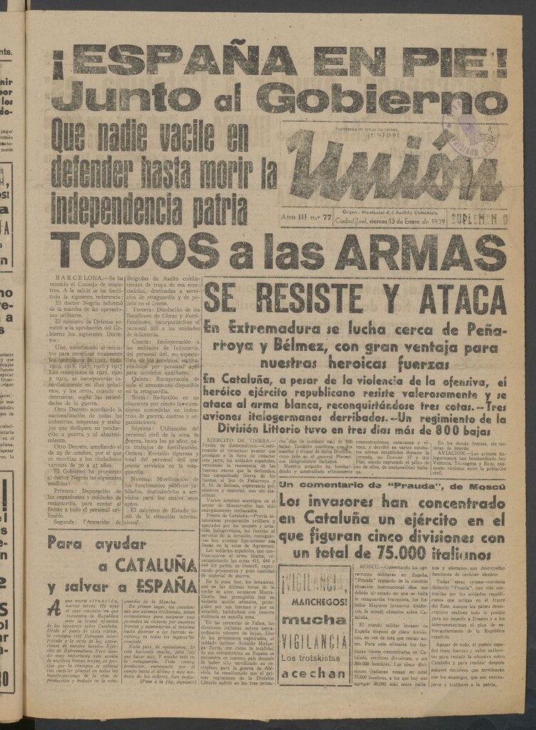 Miniatura de Unión : órgano provincial del Partido Comunista del 13 de enero de 1939