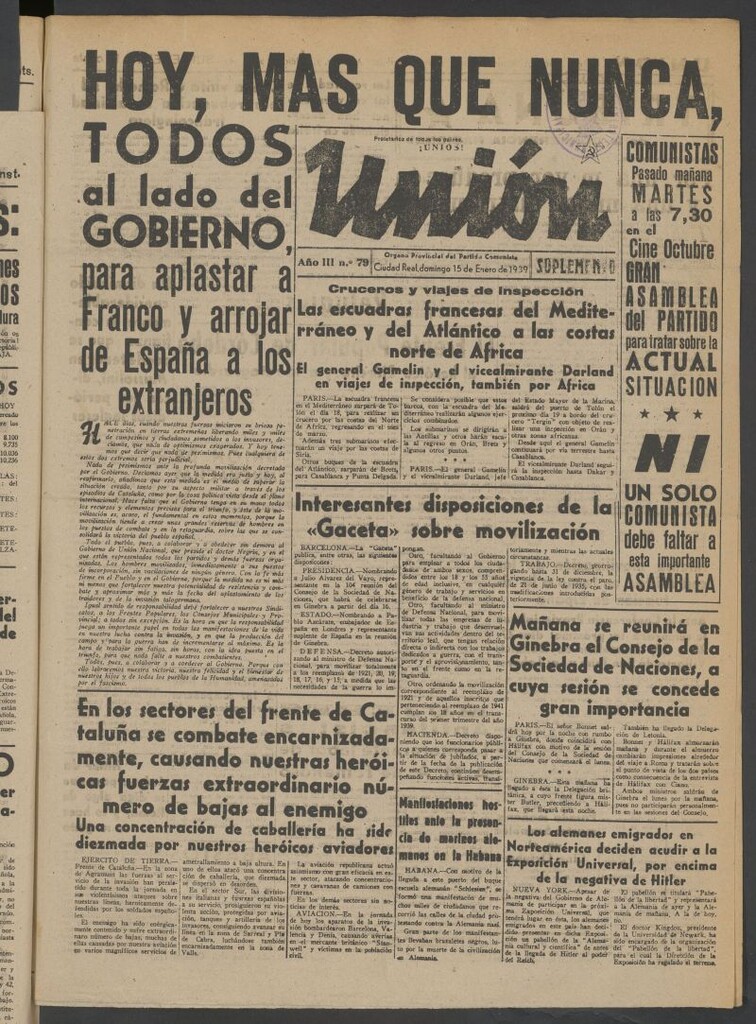 Miniatura de Unión : órgano provincial del Partido Comunista del 15 de enero de 1939