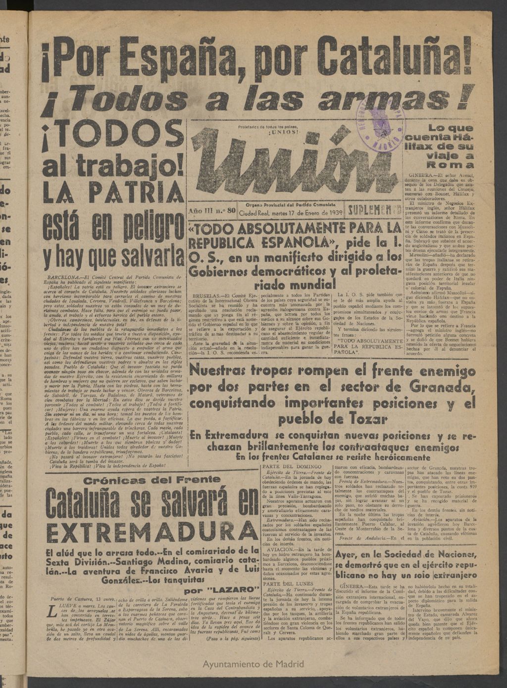 Miniatura de Unión : órgano provincial del Partido Comunista del 17 de enero de 1939