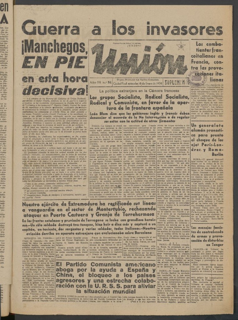 Miniatura de Unión : órgano provincial del Partido Comunista del 18 de enero de 1939