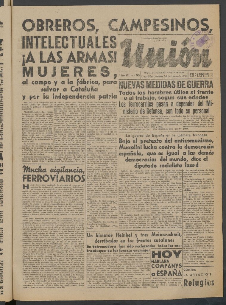 Miniatura de Unión : órgano provincial del Partido Comunista del 20 de enero de 1939
