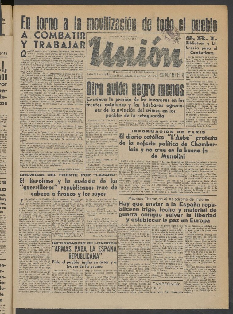 Miniatura de Unión : órgano provincial del Partido Comunista del 21 de enero de 1939
