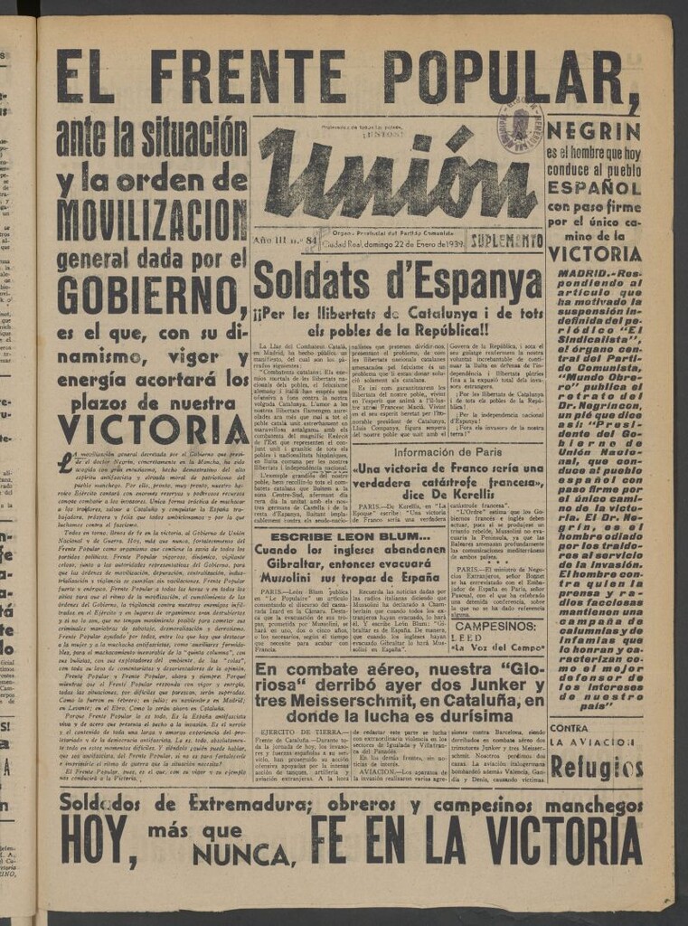 Miniatura de Unión : órgano provincial del Partido Comunista del 22 de enero de 1939