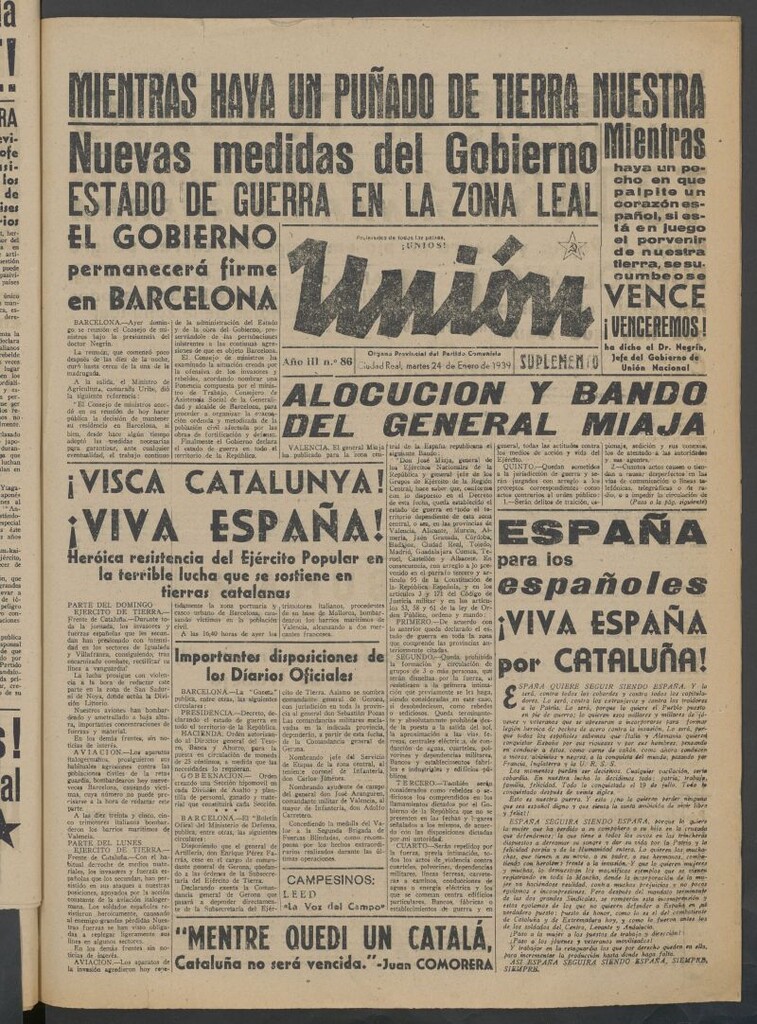 Miniatura de Unión : órgano provincial del Partido Comunista del 24 de enero de 1939