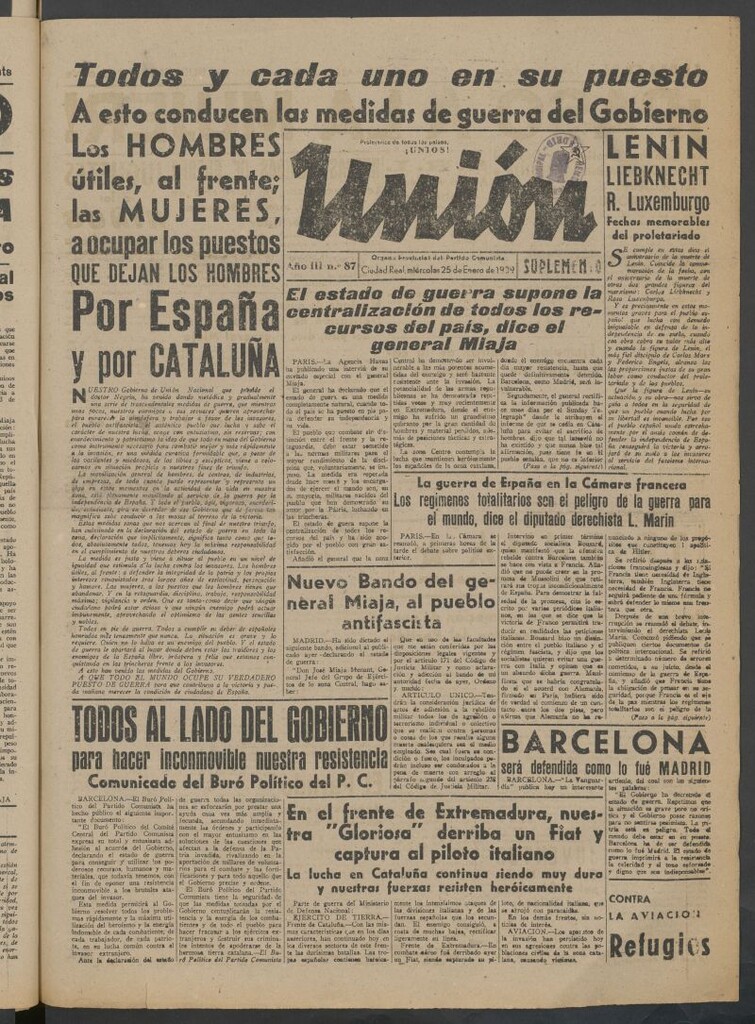 Miniatura de Unión : órgano provincial del Partido Comunista del 25 de enero de 1939