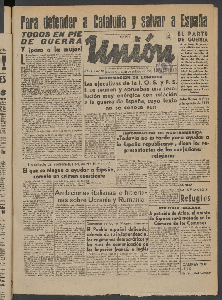 Miniatura de Unión : órgano provincial del Partido Comunista del 26 de enero de 1939