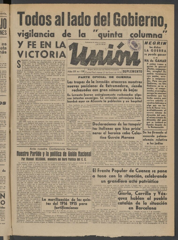 Miniatura de Unión : órgano provincial del Partido Comunista del 27 de enero de 1939
