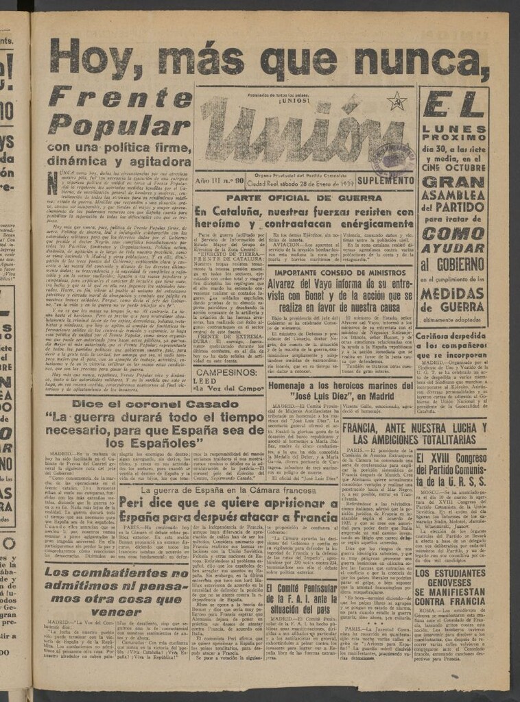 Miniatura de Unión : órgano provincial del Partido Comunista del 28 de enero de 1939