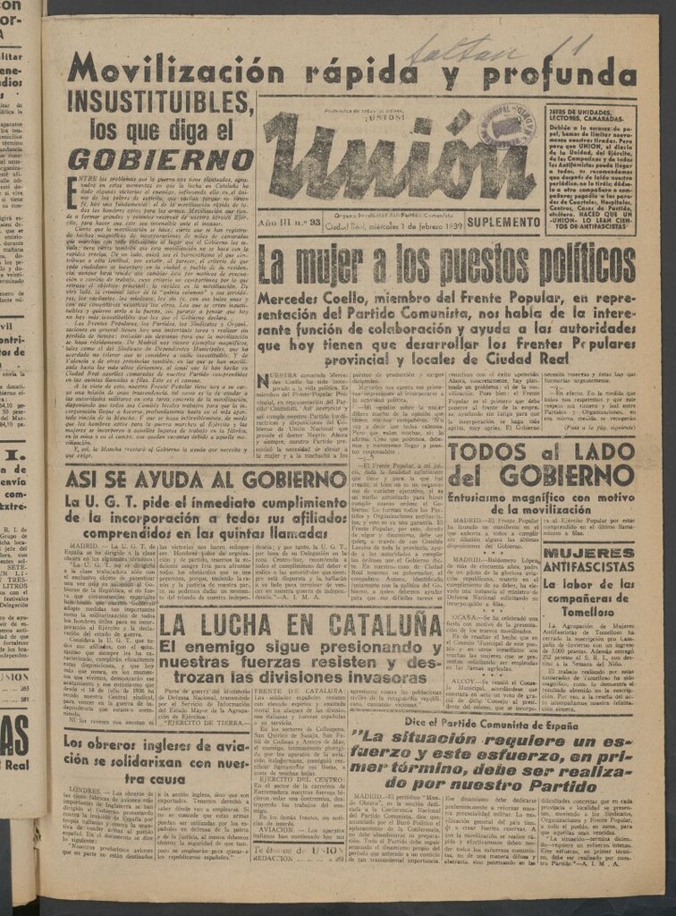 Miniatura de Unión : órgano provincial del Partido Comunista del 1 de febrero de 1939