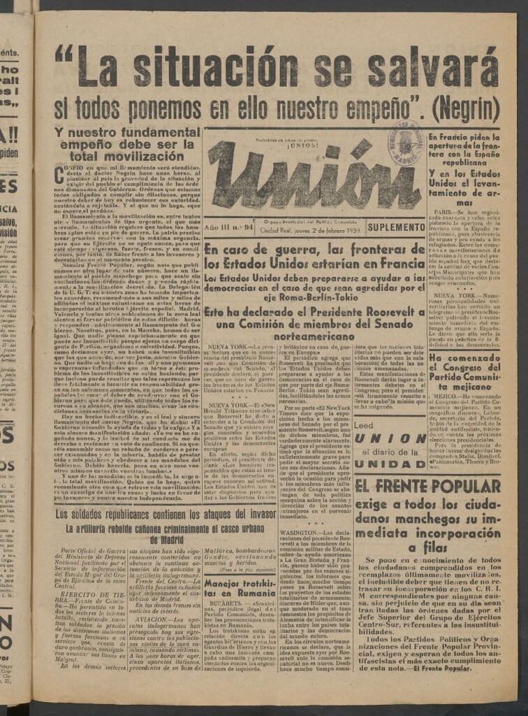 Miniatura de Unión : órgano provincial del Partido Comunista del 2 de febrero de 1939